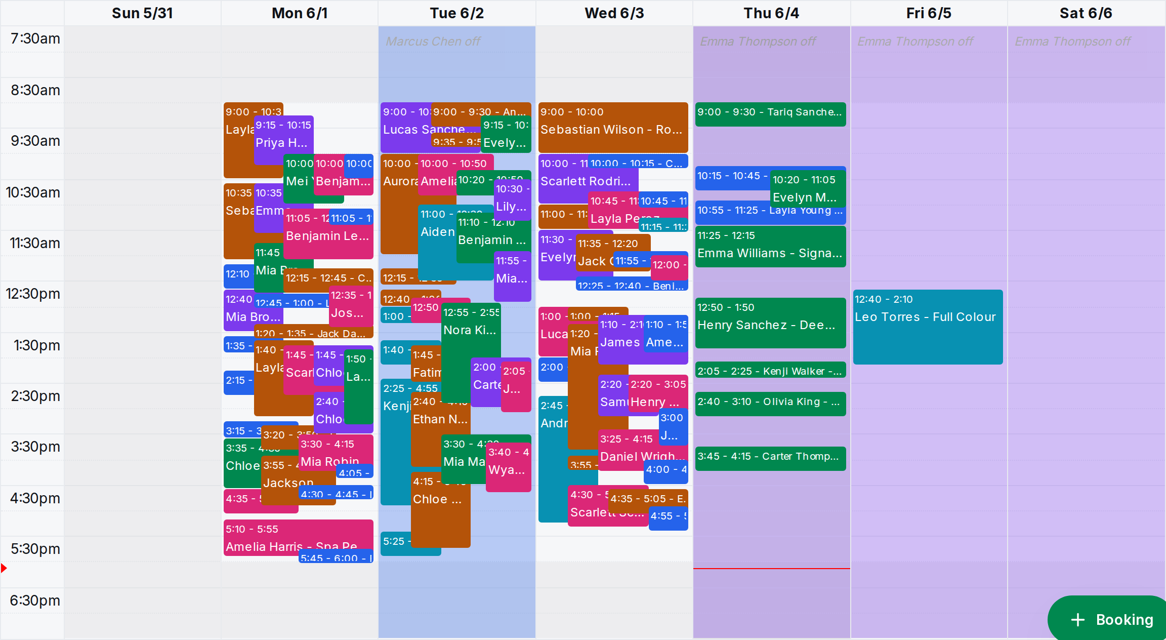 A tilkbook week calendar — colour-coded appointments stacked across every staff member, Sunday to Saturday