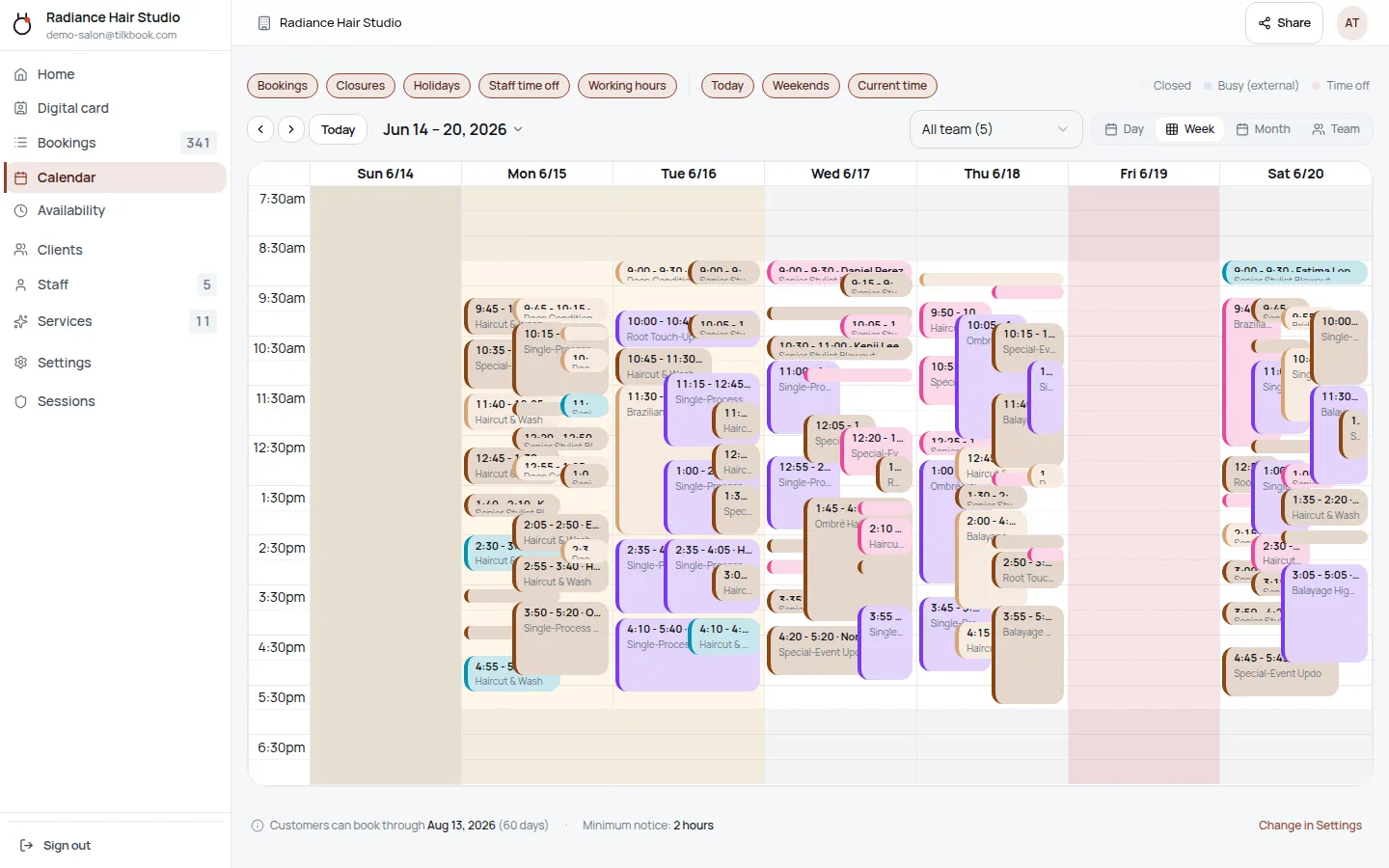 tilkbook admin week-view calendar showing colour-coded appointments across multiple staff columns — the schedule a dental practices team manages bookings from